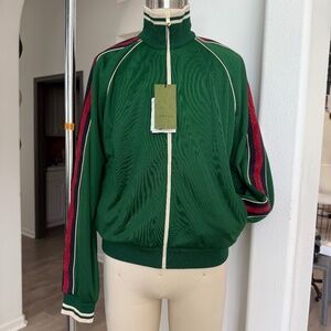 GUCCI Green Cotton/Poly blend Jacquard Zip up TRACK Jacket Sweatshirt, size Lg.